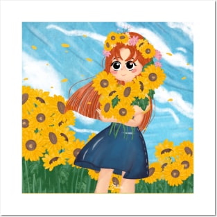 A Girl in Sunflower Garden Posters and Art